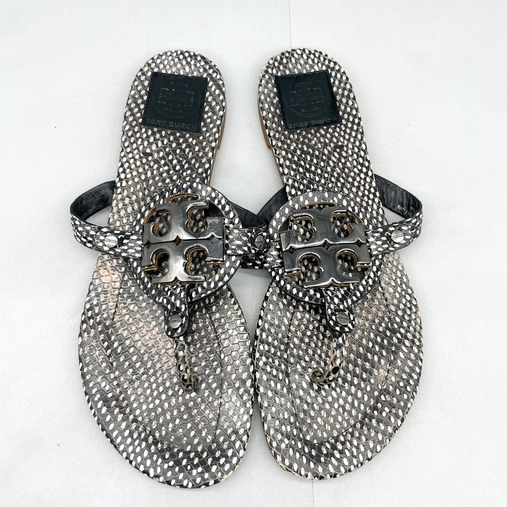 Tory Burch Womens 9.5 M Miller Polka Dot Snake Print Thong Sandals Flats Preppy